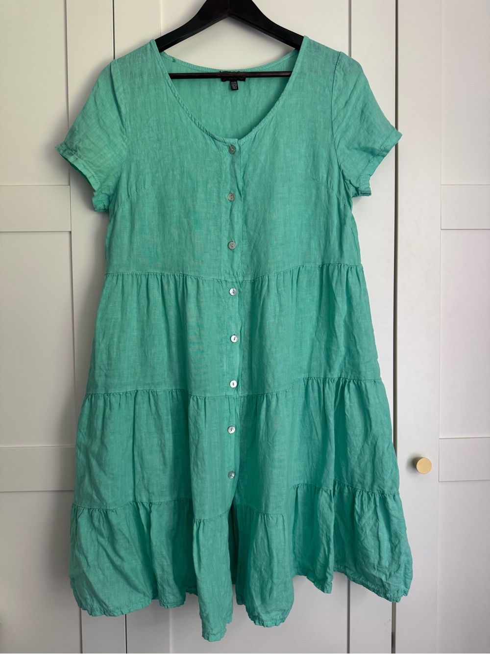 Carre Noir Teal Green Button-Front Tiered Linen Dress Made in Italy Size Medium